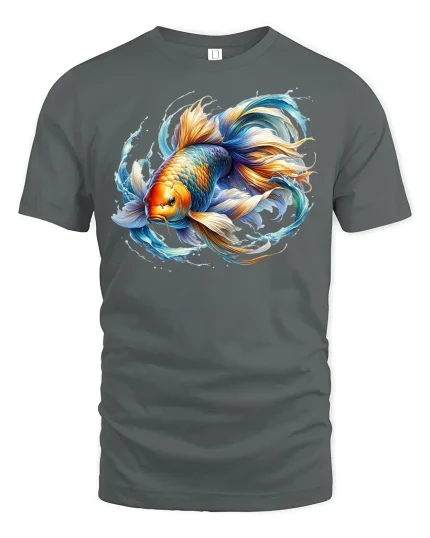 Vibrant Koi Fish Splash Art Tee - gray t-shirt on white background