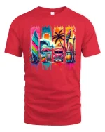 Tropical Surf Sunset Tee - red t-shirt on white background