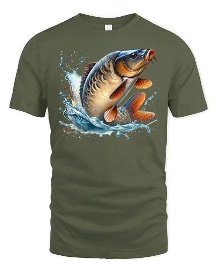 Big Catch Jumping Carp T-Shirt - military green t-shirt on white background