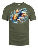 Vibrant Koi Fish Splash Art Tee - military green t-shirt on white background