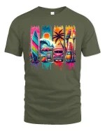 Tropical Surf Sunset Tee - military green t-shirt on white background