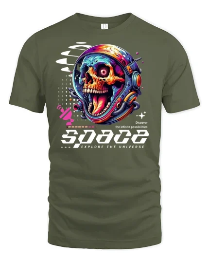 Skull Astronaut Space Adventure T-Shirt - military green t-shirt on white background