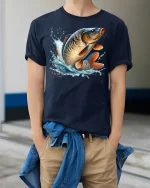 Big Catch Jumping Carp T-Shirt - model wearing Navy T-shirt, hands in pockets, denim shirt at waist
