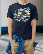 Vibrant Koi Fish Splash Art Tee - model wearing Navy T-shirt, hands in pockets, denim shirt at waist