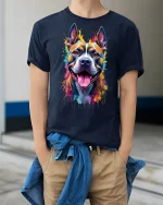 Color Splash Happy Dog Tee - model wearing Navy T-shirt, hands in pockets, denim shirt at waist