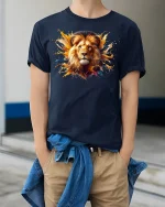Roaring Lion Head Splash Tee - model wearing Navy T-shirt, hands in pockets, denim shirt at waist