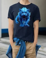 Fierce Blue Panther Graphic Tee - model wearing Navy T-shirt, hands in pockets, denim shirt at waist