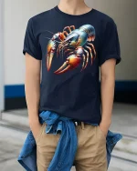 Fierce Lobster Graphic Tee - model wearing Navy T-shirt, hands in pockets, denim shirt at waist