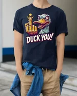 Funny Duck You Middle Finger Tee - model wearing Navy T-shirt, hands in pockets, denim shirt at waist