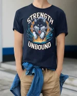 Strength Unbound Wolf Power T-Shirt - model wearing Navy T-shirt, hands in pockets, denim shirt at waist