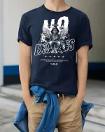 No Excuses Angel Streetwear T-Shirt - model wearing Navy T-shirt, hands in pockets, denim shirt at waist
