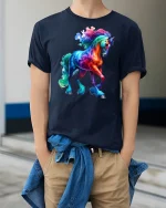 Rainbow Fantasy Horse Graphic Tee - model wearing Navy T-shirt, hands in pockets, denim shirt at waist