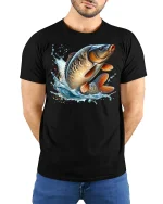 Big Catch Jumping Carp T-Shirt - model with hands behind back, wearing Black T-shirt and blue jeans