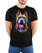 Color Splash Happy Dog Tee - model with hands behind back, wearing Black T-shirt and blue jeans