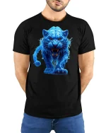 Fierce Blue Panther Graphic Tee - model with hands behind back, wearing Black T-shirt and blue jeans