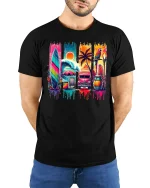Tropical Surf Sunset Tee - model with hands behind back, wearing Black T-shirt and blue jeans