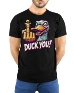 Funny Duck You Middle Finger Tee - model with hands behind back, wearing Black T-shirt and blue jeans
