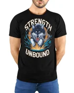 Strength Unbound Wolf Power T-Shirt - model with hands behind back, wearing Black T-shirt and blue jeans