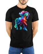 Rainbow Fantasy Horse Graphic Tee - model with hands behind back, wearing Black T-shirt and blue jeans