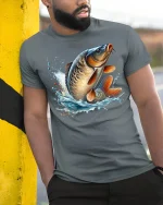 Big Catch Jumping Carp T-Shirt - model leaning on yellow-black pole, wearing Gray T-shirt, hand in pocket