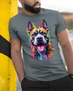 Color Splash Happy Dog Tee - model leaning on yellow-black pole, wearing Gray T-shirt, hand in pocket
