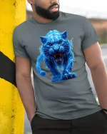 Fierce Blue Panther Graphic Tee - model leaning on yellow-black pole, wearing Gray T-shirt, hand in pocket