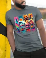 Tropical Surf Sunset Tee - model leaning on yellow-black pole, wearing Gray T-shirt, hand in pocket