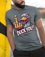 Funny Duck You Middle Finger Tee - model leaning on yellow-black pole, wearing Gray T-shirt, hand in pocket