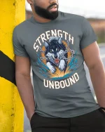 Strength Unbound Wolf Power T-Shirt - model leaning on yellow-black pole, wearing Gray T-shirt, hand in pocket