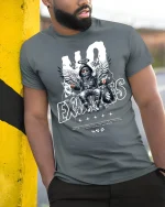 No Excuses Angel Streetwear T-Shirt - model leaning on yellow-black pole, wearing Gray T-shirt, hand in pocket