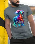 Rainbow Fantasy Horse Graphic Tee - model leaning on yellow-black pole, wearing Gray T-shirt, hand in pocket