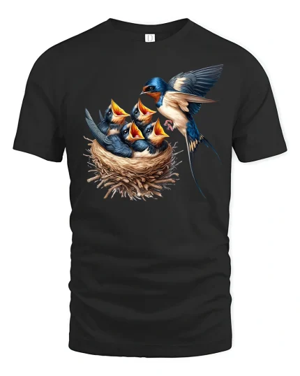 Swallow Bird Family Nest Tee - black t-shirt on white background