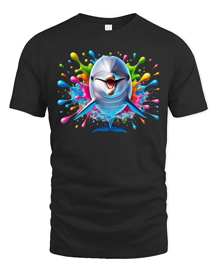 Happy Dolphin Ocean Graphic T-Shirt - 1 Happy Dolphin Ocean Graphic T-Shirt - black t-shirt on white background