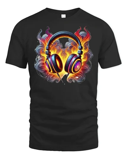 Flaming Headphones Music Lover T-Shirt - black t-shirt on white background