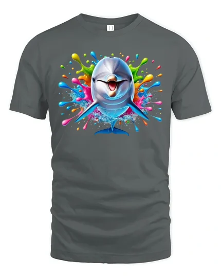 Happy Dolphin Ocean Graphic T-Shirt - gray t-shirt on white background