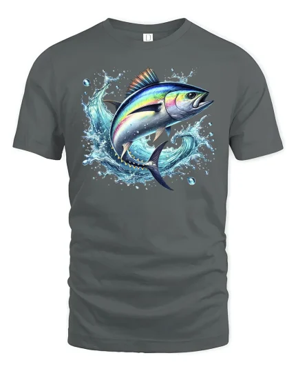 Jumping Tuna Fish Tee - gray t-shirt on white background