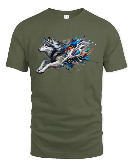 Wild Wolf Running Graphic Tee - military green t-shirt on white background