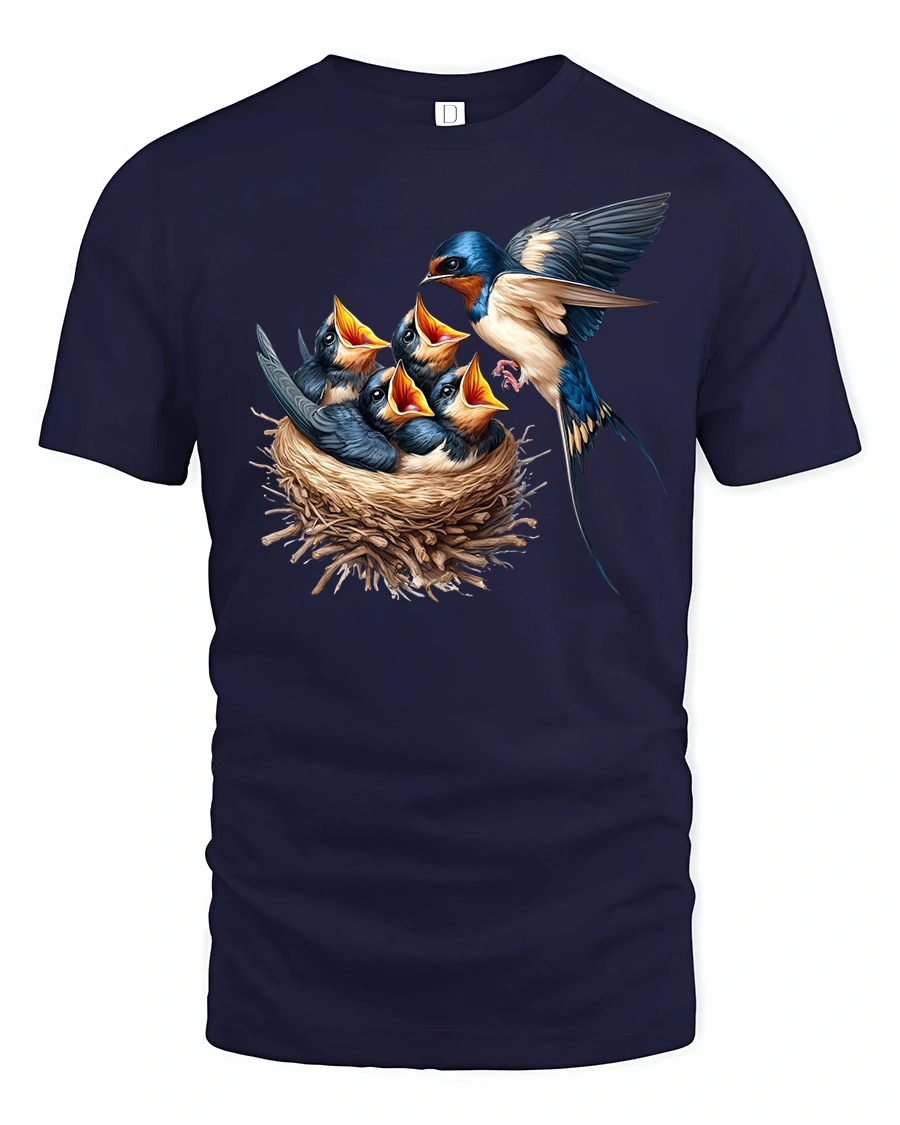 Swallow Bird Family Nest Tee - 1 Swallow Bird Family Nest Tee - navy t-shirt on white background