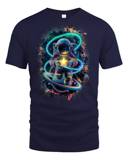 Astronaut Holding Star Cosmic Tee - navy t-shirt on white background