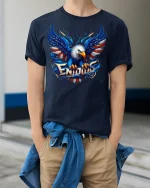 USA Bald Eagle T-Shirt - model wearing Navy T-shirt, hands in pockets, denim shirt at waist