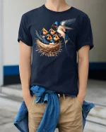 Swallow Bird Family Nest Tee - model wearing Navy T-shirt, hands in pockets, denim shirt at waist