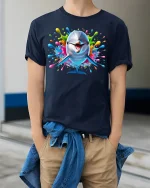 Happy Dolphin Ocean Graphic T-Shirt - model wearing Navy T-shirt, hands in pockets, denim shirt at waist