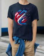 American Fighter Jets Patriotic Tee - model wearing Navy T-shirt, hands in pockets, denim shirt at waist