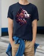 Mystic Wolf Clouds Graphic T-Shirt - model wearing Navy T-shirt, hands in pockets, denim shirt at waist