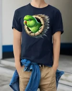 Funny Parrot Peek Out Tee - model wearing Navy T-shirt, hands in pockets, denim shirt at waist