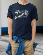 Wild Wolf Running Graphic Tee - model wearing Navy T-shirt, hands in pockets, denim shirt at waist