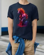 Fiery Spirit Horse T-Shirt - model wearing Navy T-shirt, hands in pockets, denim shirt at waist