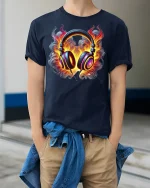 Flaming Headphones Music Lover T-Shirt - model wearing Navy T-shirt, hands in pockets, denim shirt at waist