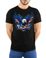 USA Bald Eagle T-Shirt - model with hands behind back, wearing Black T-shirt and blue jeans
