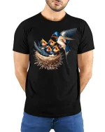 Swallow Bird Family Nest Tee - model with hands behind back, wearing Black T-shirt and blue jeans